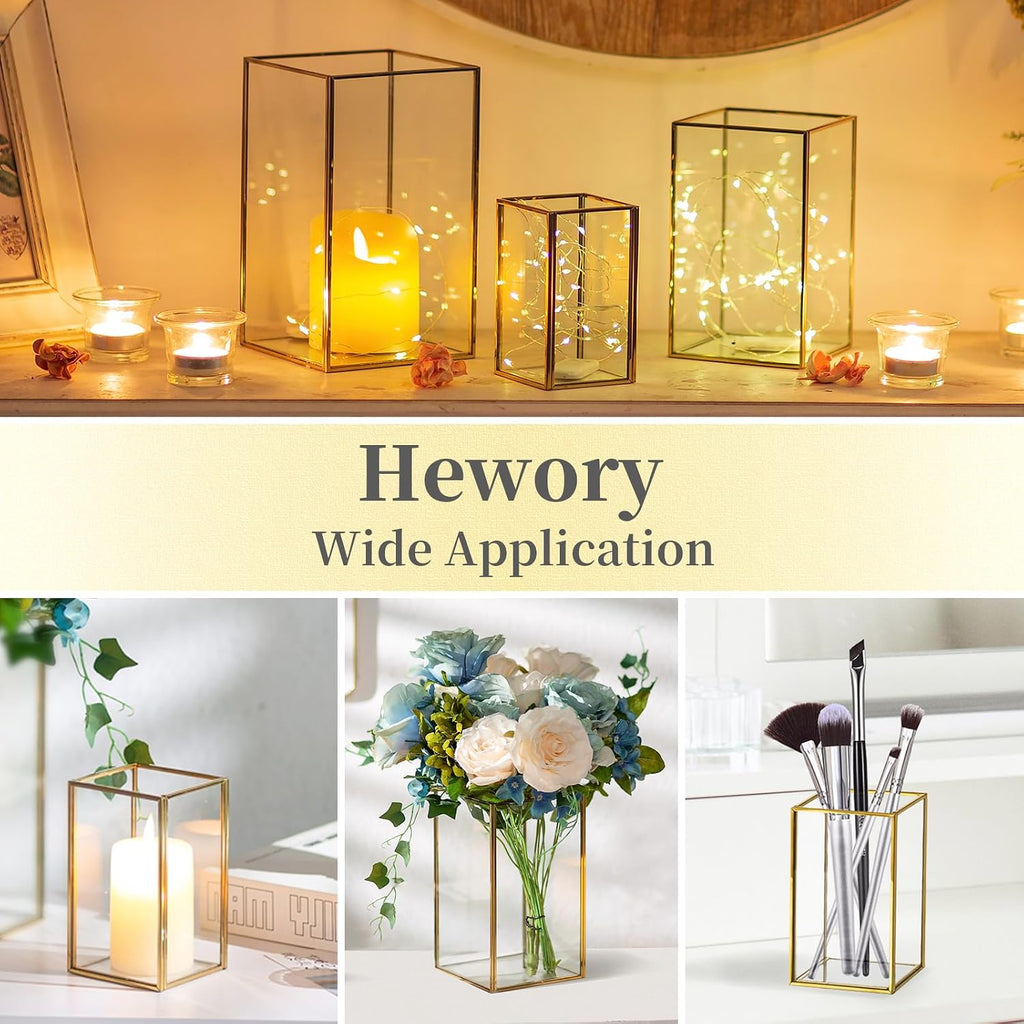 Glass Hurricane Candle Holder Large - Hewory 6pcs Gold Rectangle Flower Holders Centerpiece for Table, Tall Floor Square Pillar Candle Lantern for Wedding, Anniversary, Party, Fireplace, Dining Room