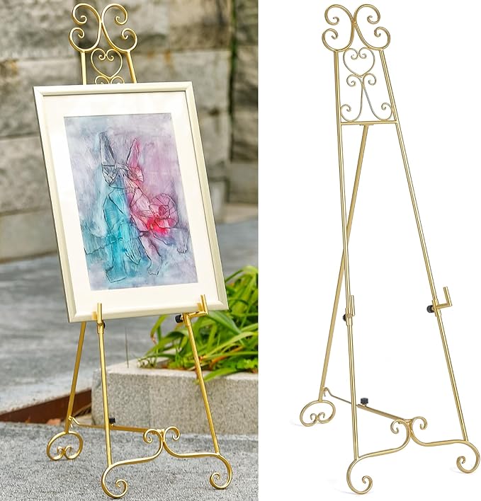 Metal Large Free Standing Adjustable Display Stand Scroll Easel with Chain Support, Gold Easel Stand for Sign, Heavy Duty Easel for Mirror, Wedding, Picture Frame (No Installation Required)