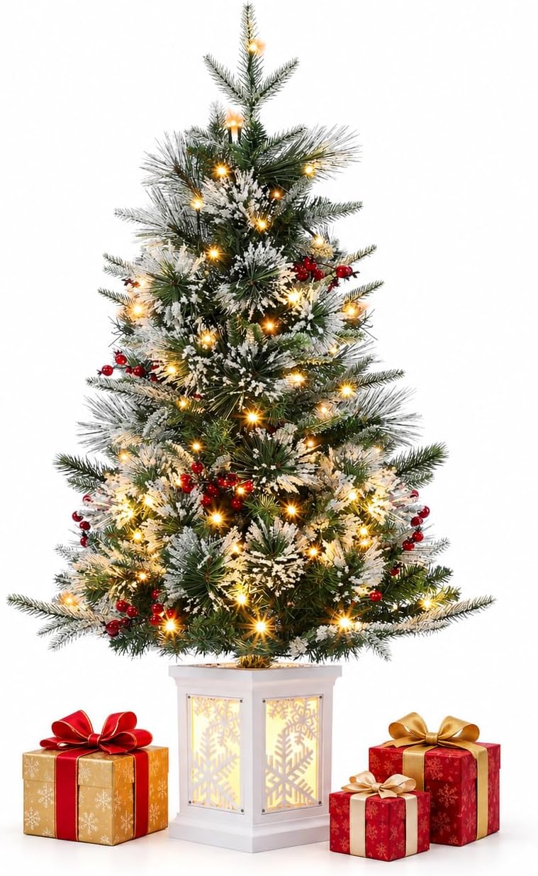 3 Ft Pre-Lit Christmas Tree, Artificial Christmas Tree with Base, Xmas Tree w...
