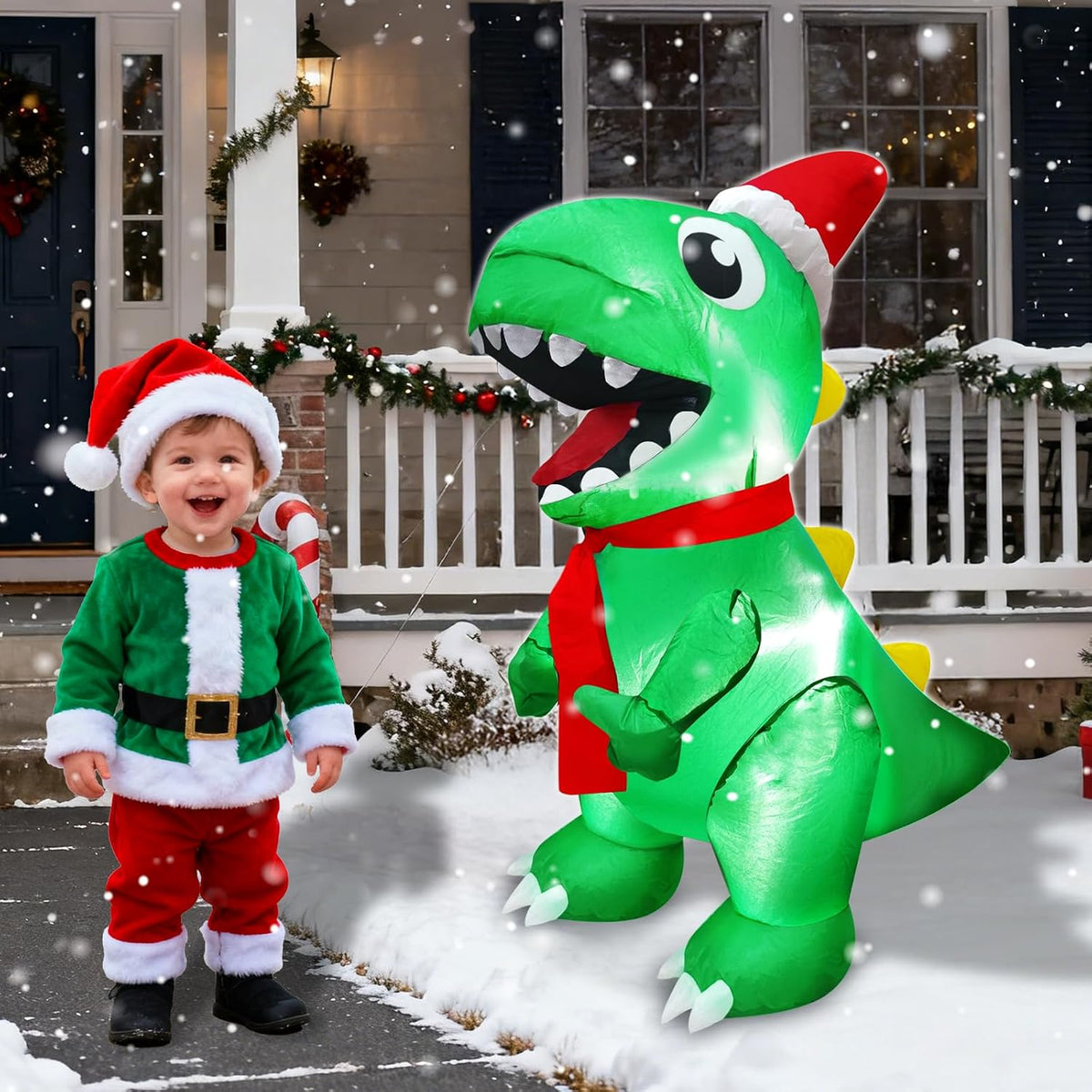 turnmeon 3.5 ft dinosaur christmas inflatable outdoor decoration, close-up detail