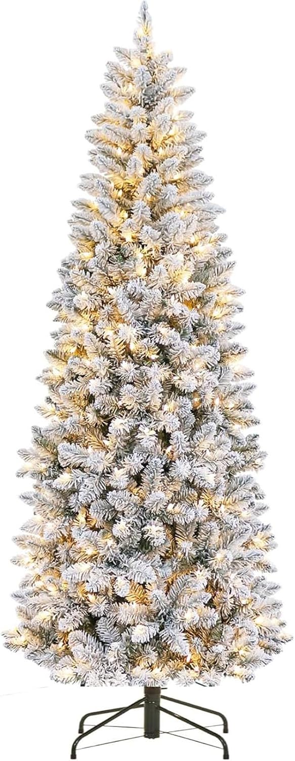 Garvee 6 ft Pencil Christmas Tree,Artificial Pre-Lit Christmas Tree,Realistic Frosted Xmas Tree Holiday Decoration, with LED Light and Metal Stand