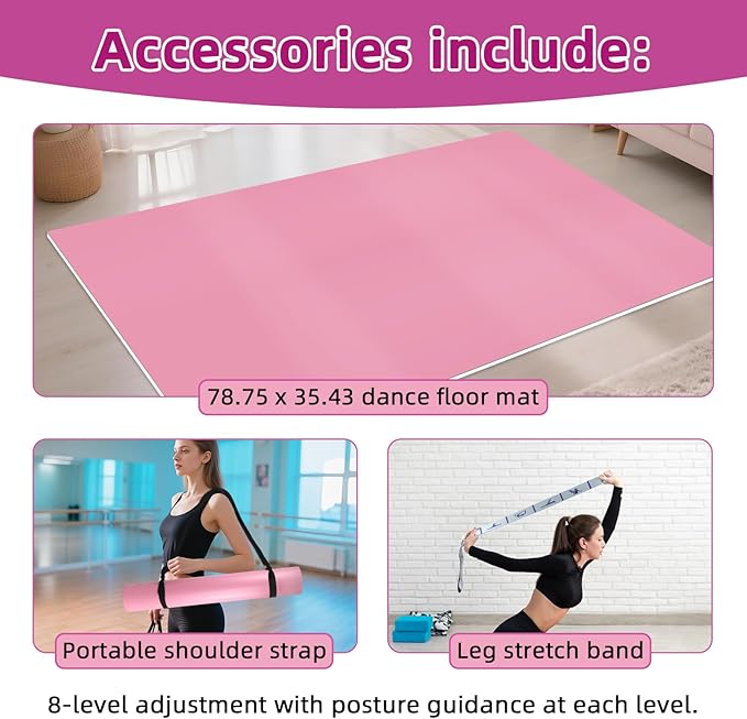 Dance Floor Mat Non-Slip with Shoulder Strap Portable and Dance Resistance Band, Dance Floor for Ballet,Jazz, Pop Thick PVC Practice Floor Reusable Mat (Pink, 180cm*90cm*0.35cm)