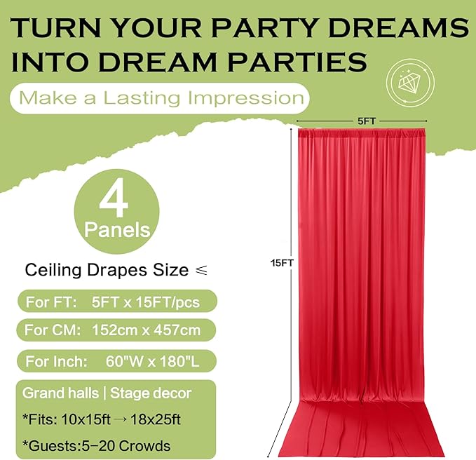 PartyVillage 20ft×15ft Red Backdrop Curtain for Wedding Parties, 4 Panels Wrinkle Free 15 FT Long Polyester Photo Backdrop Drapes Back Drop Cloth for Birthday Photography Background
