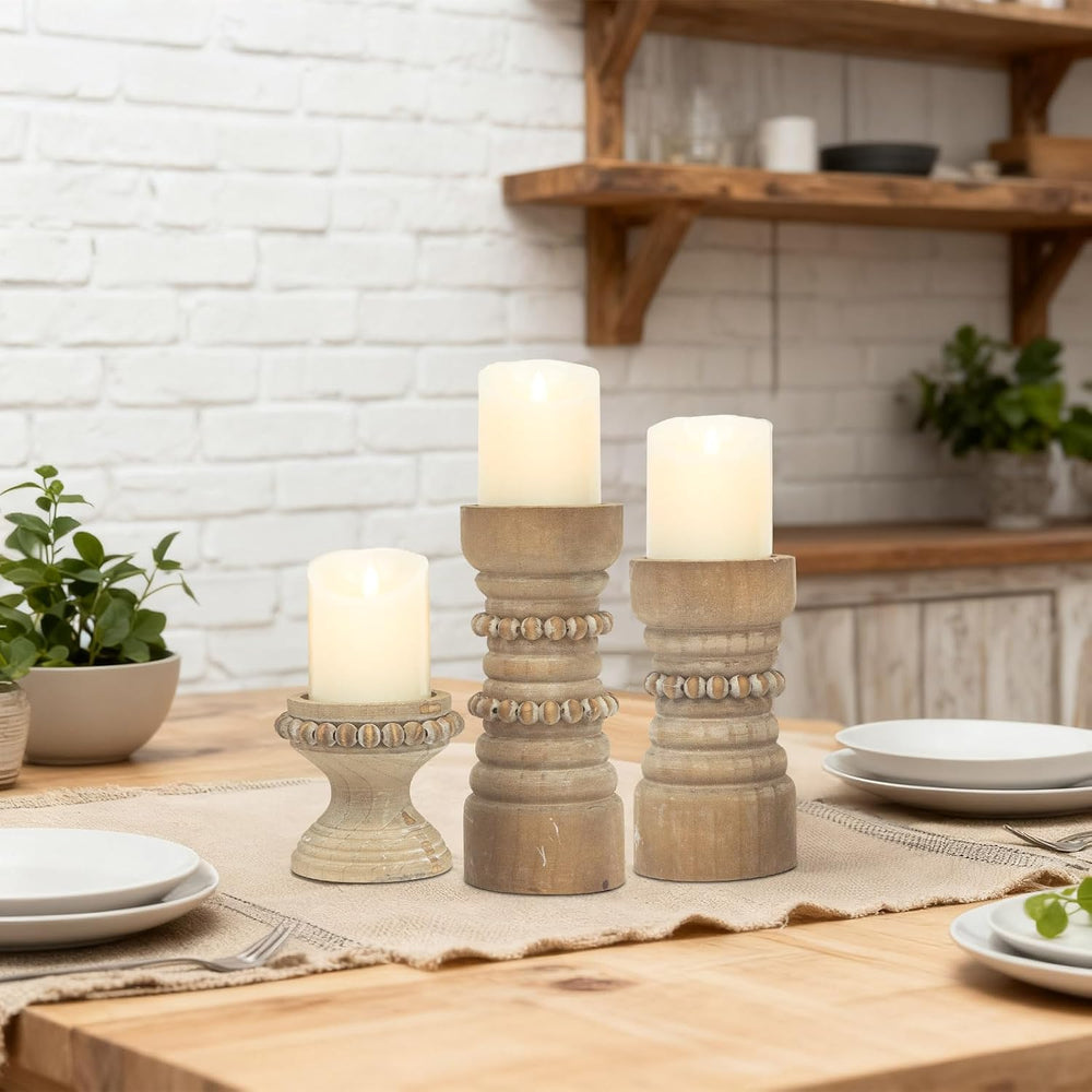Rustic Natural Wood Candle Holders Set of 3, Farmhouse Beaded Wood Pillar Can...