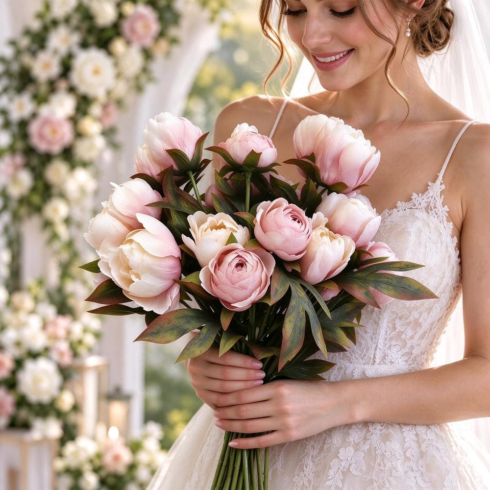 Artificial Peony Flowers, 8 Pink Faux Silk Floral Stems for Vase