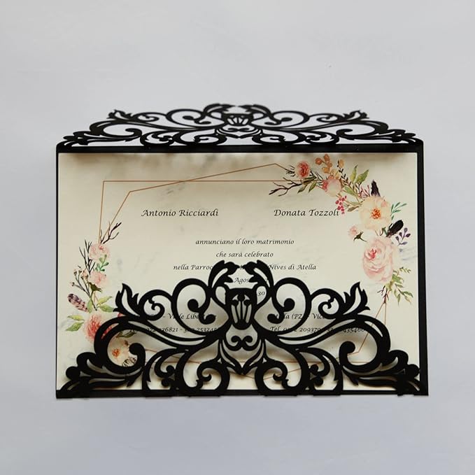 25PCS Laser Cut Wedding Invitations Cards with Envelopes,Blank Inner Sheets,Ribbons for Wedding Bridal Shower Quinceañera Engagement Birthday Invites, pearl black
