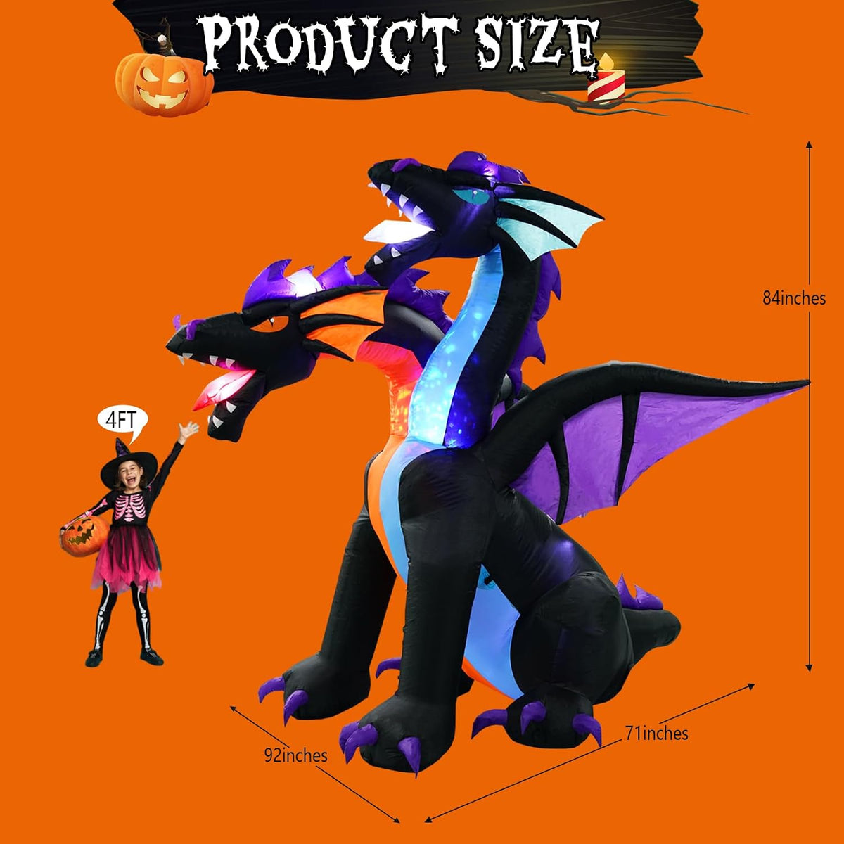 7ft tall halloween inflatables dragon with 2 heads shown in use