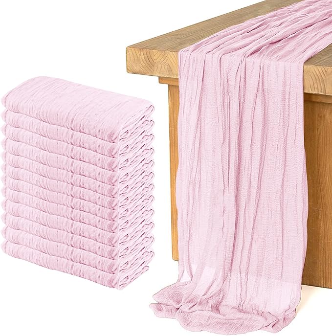 12 Pack Cheesecloth Table Runner 10Ft Christmas Gauze Boho Table Runners for Wedding Decor Bridal Shower Decorations Baby Shower Party(35" x 120")(Blushing Pink)