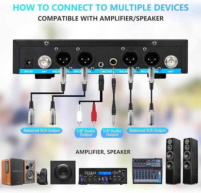 4 Channel Rechargeable Wireless Microphone System, Pro UHF Metal Handheld Wireless Microphones Cordless Mics for Karaoke Singing Church with VOL Control, 4x50 Adjustable Frequency(G8)
