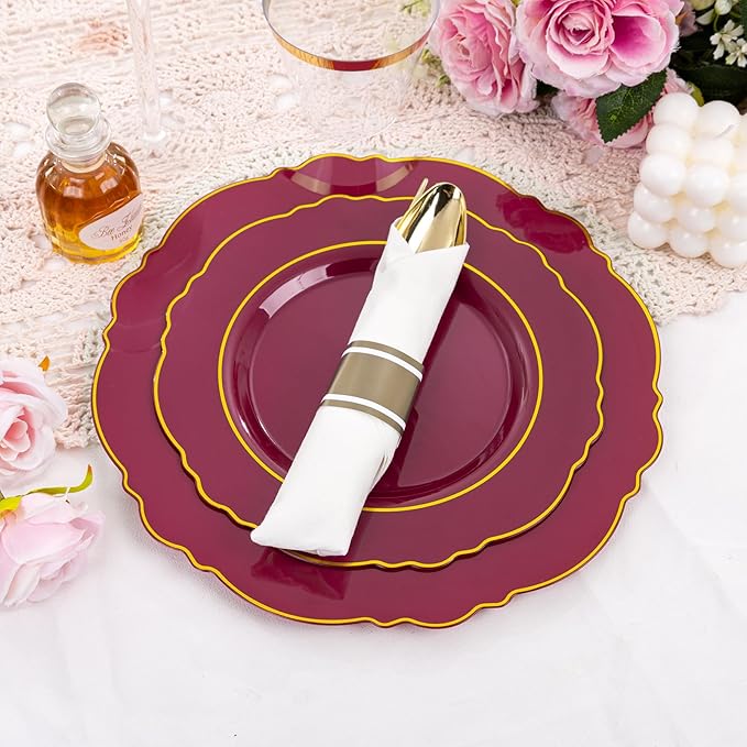 Liacere 350PCS Red Plastic Plates-Disposable Burgundy Red and Gold Plates 50guest Baroque Plastic Dinnerware include 100Plates, 50Pack Pre Rolled Napkins with Silverware 50Cups for Girlfriends' Day