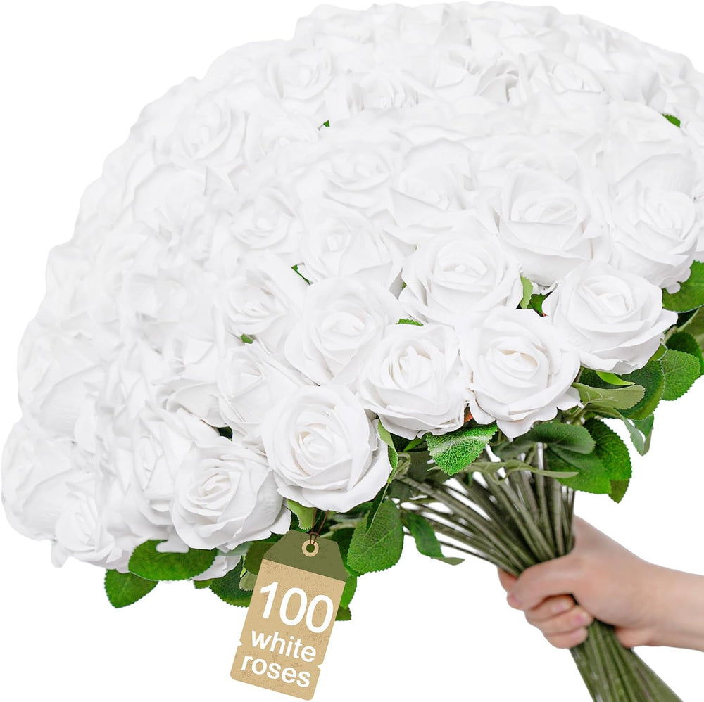White Roses Artificial Flowers Bulk 100PC Artificial Flowers for Wedding