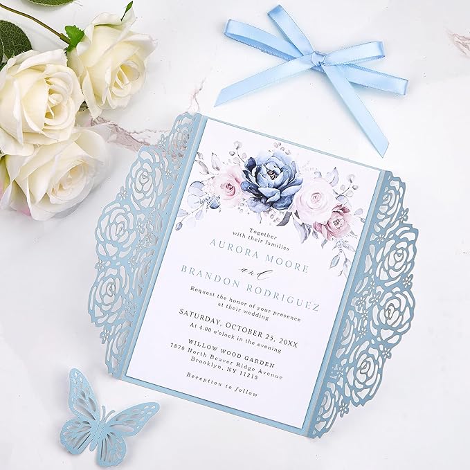 50 Set Light Blue Wedding Invitations Butterfly Laser Cut Invitations Pocket with Blank Inner Cards Rsvp Envelopes Stickers - Personalized Party Invites for Baby Bridal Shower QuinceañEa