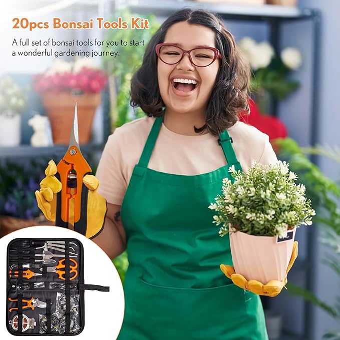 Bonsai Tools Kit 20 Pcs Garden Tools Set for Beginner, Includes Bonsai Wire Kit, Plant Mat, Pruning Shears, Bonsai Scissors, Succulent Tools in Leather Storage Bag, Gardening Gift for Women Men