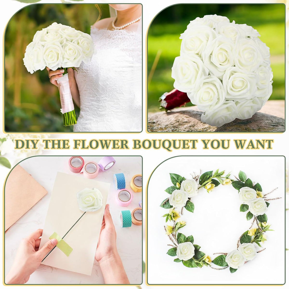 Tigeen 200 Pack White Artificial Roses with Stems, Foam Flowers Bulk