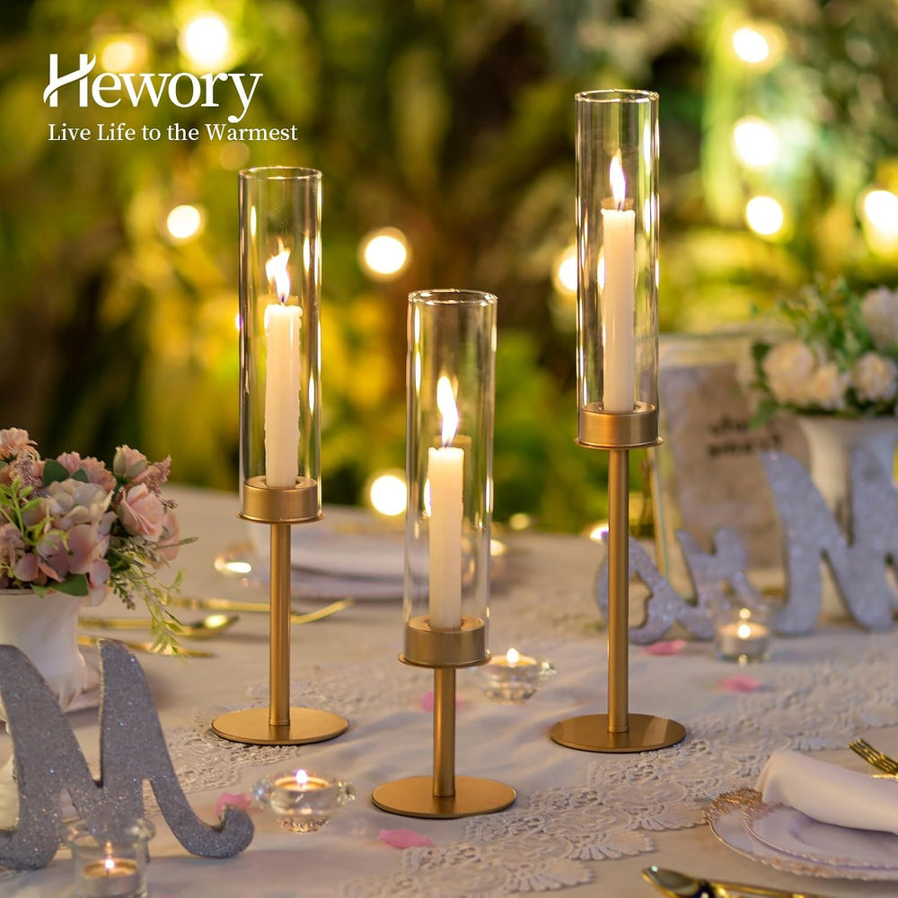 Hewory Gold Candlestick Holders: 6PCS Glass Hurricane with Brass Base