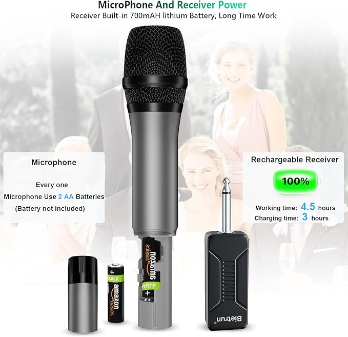 Bietrun Wireless Microphone, Professional UHF Metal Dual Handheld Cordless Dynamic Mic System Set with Rechargeable Receiver, 1/4‘’Output, Plug and Play, Instrument-Wireless-Mics for Karaoke, Wedding