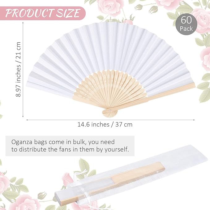 MCEAST 60 Pieces Wedding Handheld Paper Fans White Bamboo Folding Paper Fans with 60 Organza Bags Foldable Cool Wedding Favors Wedding Fans for Guests Party Favors DIY Decoration