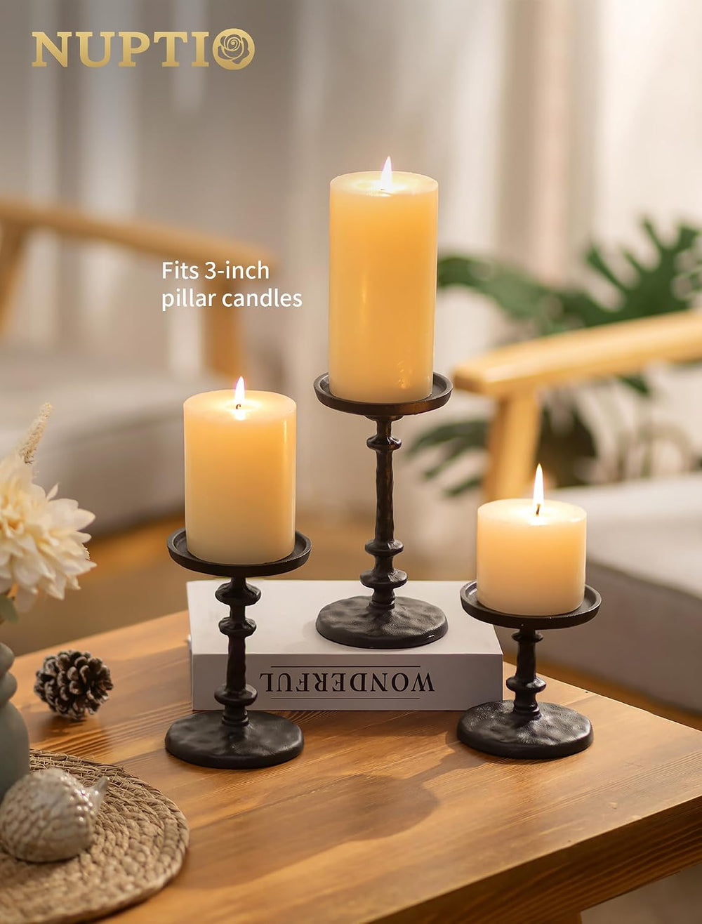 NUPTIO Black Candle Holders for Pillars: Cast Iron Candle Stand Set of 3