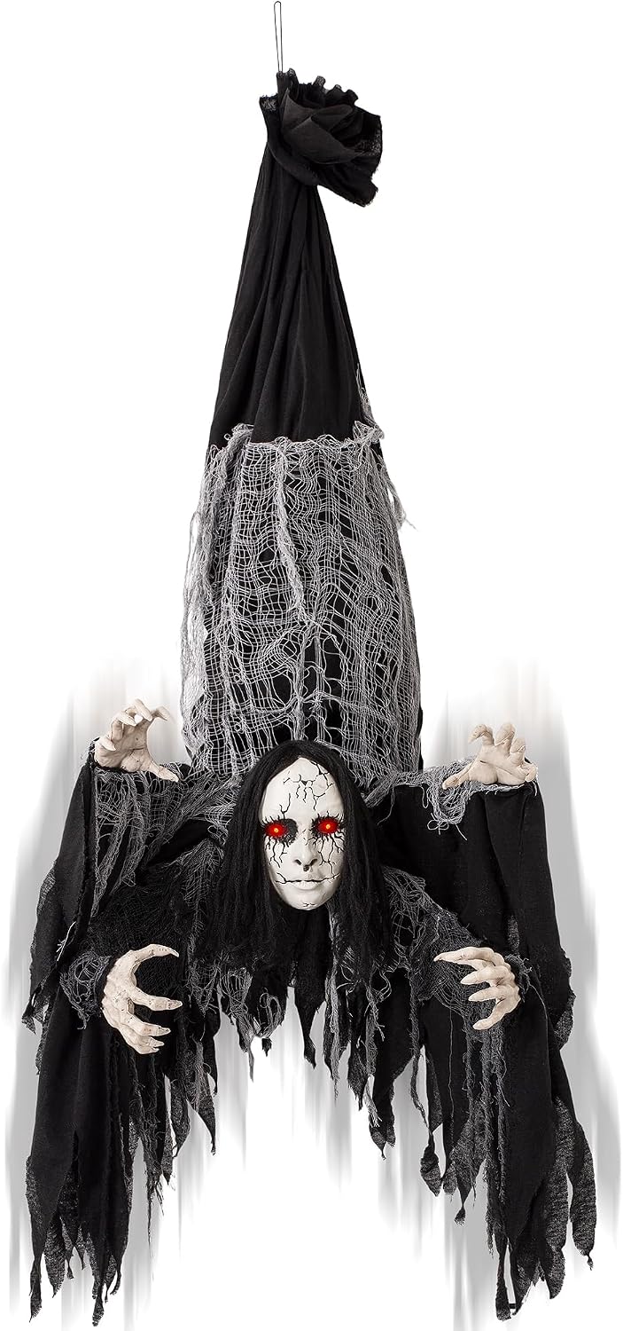 Halloween Animatronics Decorations Hanging Ghost with 4 Hands, 67'' Animated Spooky Zombie Ghosts with Creepy Sounds, Lighted Eyes, Scary Move, Haunted House Props Decor for Indoor Outdoor Yard Lawn