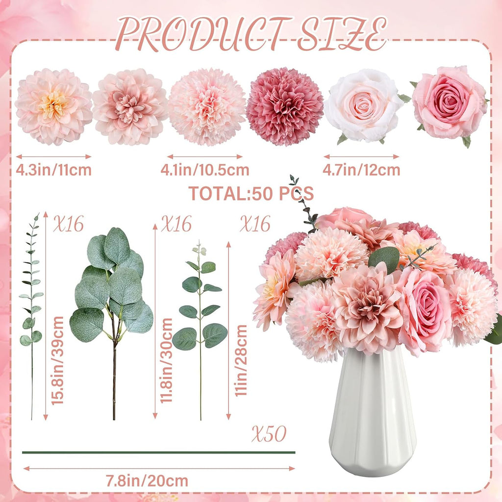 Suncalla 98pcs Artificial Flowers with Stems, Pink Color