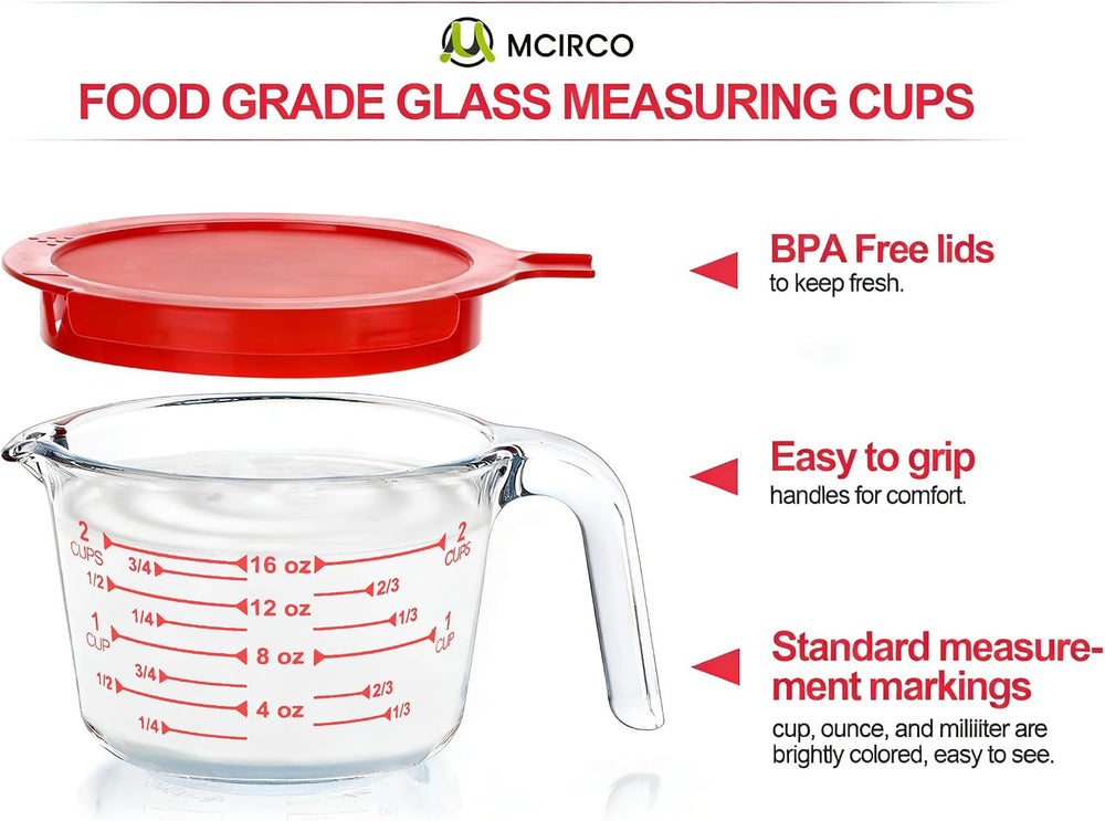 M MCIRCO 6 Pcs Glass Measuring Cups with Lids Set, 1 Cup, 2 Cup, 4 Cup