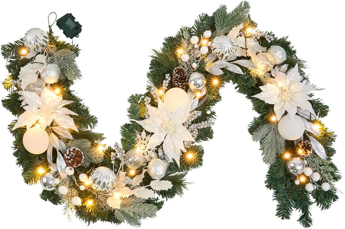 Lighted Christmas Garland for Mantle,Fireplace,Stairs, Garland for Front Door Pre-lit 6 feet Winter White Silver Poinsettia Garland with 25 LED Lights,Timer & Battery Operated.in/Out Door Decor