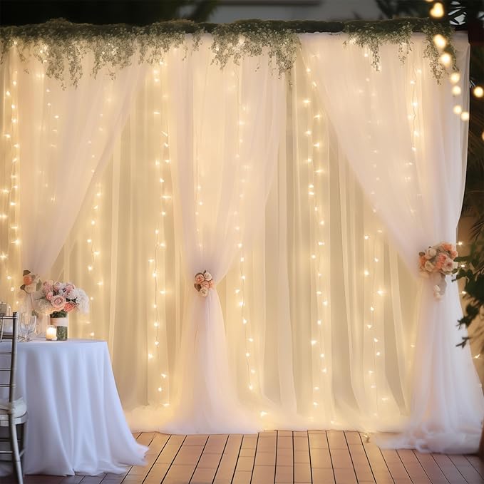 30×10ft White Tulle Backdrop Curtain with Lights String for Parties, Sheer Photo Backdrop Curtains for Wedding Party Photography Background
