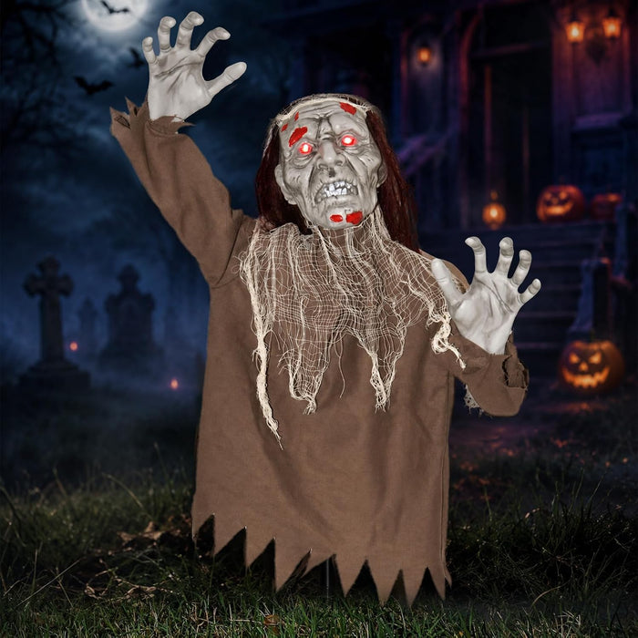 Halloween Creepy Animatronic Zombie Groundbreaker Outdoor Decor with Light up Eyes & Spooky Sound Adjustable Arms, Halloween Props for Graveyard Lawn Patio Yard Outside Decorations