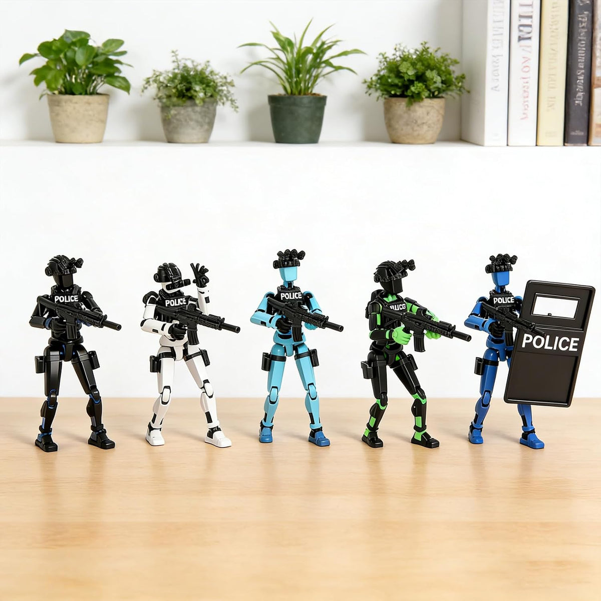 3d printed dummy 13 police shield action figure on a desk or shelf