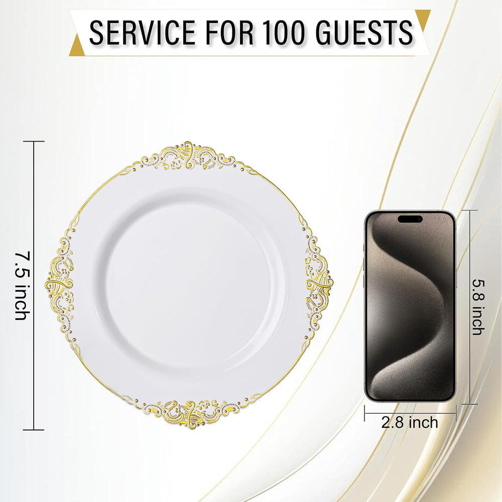 Nervure 100Pcs 7.5'' Gold Plastic Plates, Disposable Plates for 100Gu...