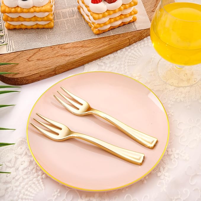 Festiva 200Pcs Pink Gold Cake Plates 6.3" with Forks 5"- Disposable Salad Plates-Pink Dessert Plates-Appetizer Plastic Plates - include 100Plates 100Forks for Party&Wedding&Easter&Mother's Day