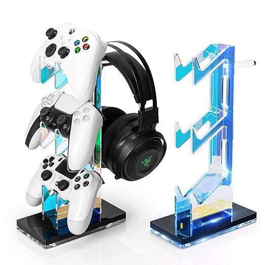 OAPRIRE Controller Holder Headset Stand with Lights, 3 Tier Acrylic Gaming Controller Stand for PS4, PS5, PC, Switch, Universal Design (Black)