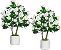 2 Pcs Artificial Camellia Tree, 3ft Fake Tree with White Blooms, Indoor Decorative Plant with Planter Pot, Outdoor Porch and Front Door Decoration