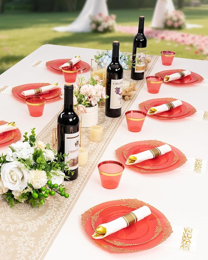 Goodluck 350 Piece Red Dinnerware Set for 50 Guests, Fancy Disposable Plates, Include: 100 Red Rim Plastic Plates, 150 Silverwares, 50 Pre Rolled Napkins, 50 Cups for Party, Wedding