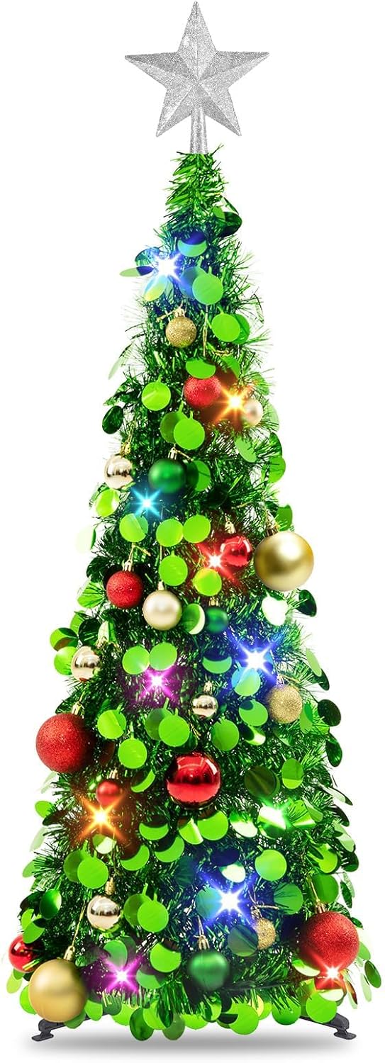 N&T NIETING Pop Up Christmas Tree with Lights, Collapsible Tinsel Xmas Tree Decorations, Pencil Christmas Tree Skinny Tree for Holiday Xmas Home Office Decor, 25 Balls, 3Ft, Green