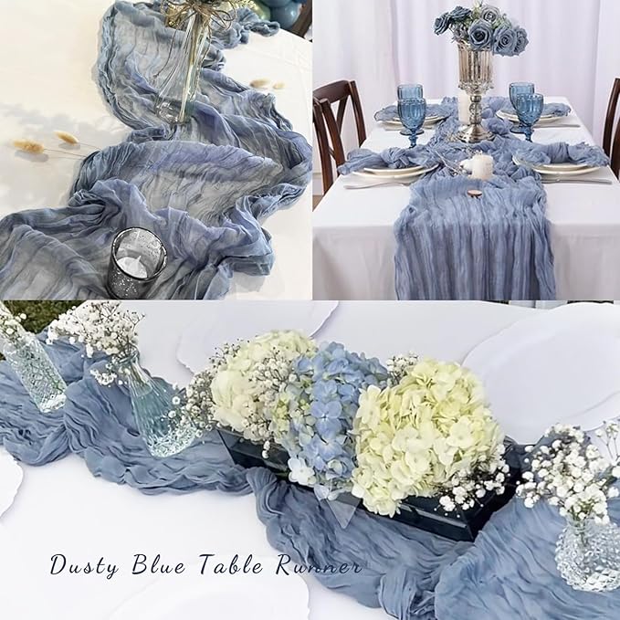 12 Pack Dusty Blue 10FT Cheesecloth Table Runner Rustic Gauze Fabric Cheese Cloth Table Runner for Wedding Bridal Baby Shower Table Decor 20 x 120 Inch Long Boho Sheer Birthday Party Table Decorations