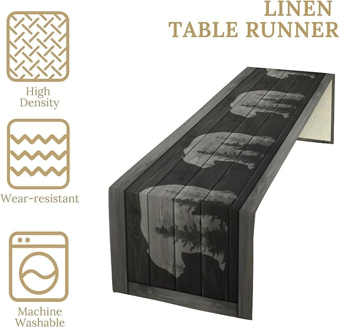 Rustic Country Bear Table Runner, Black Wood Wooden Cabin Wild Animals Hunting Table Cloth for Home Kitchen Dining Table Runner 13x120 Inch