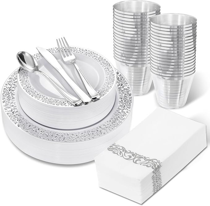 WELLIFE 210pcs Dinnerware Set - Silver Rimmed Plastic Plates Disposable Heavy Duty, Disposable Plastic Plates with Silver Rim, Water-proof, Break-proof, Best Choice for Any Party