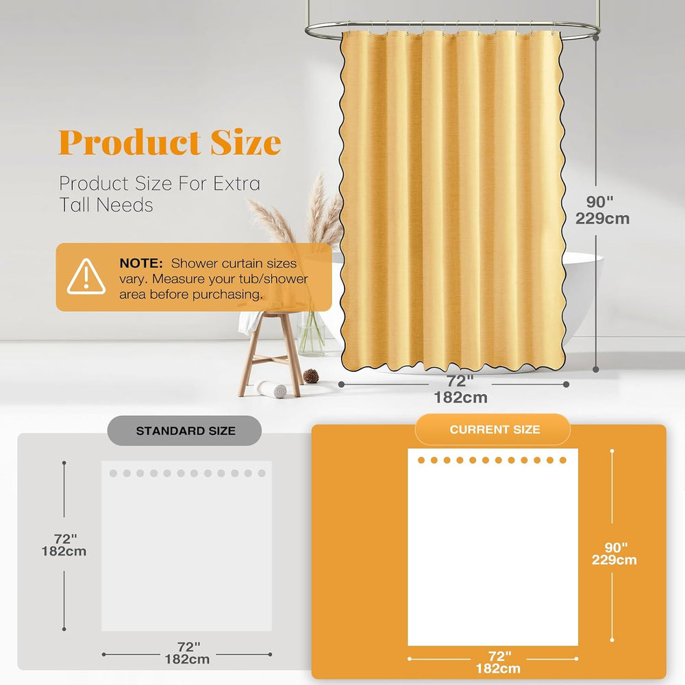 Boho Scalloped Linen Textured Cloth Shower Curtain Set, Gold, 72x90