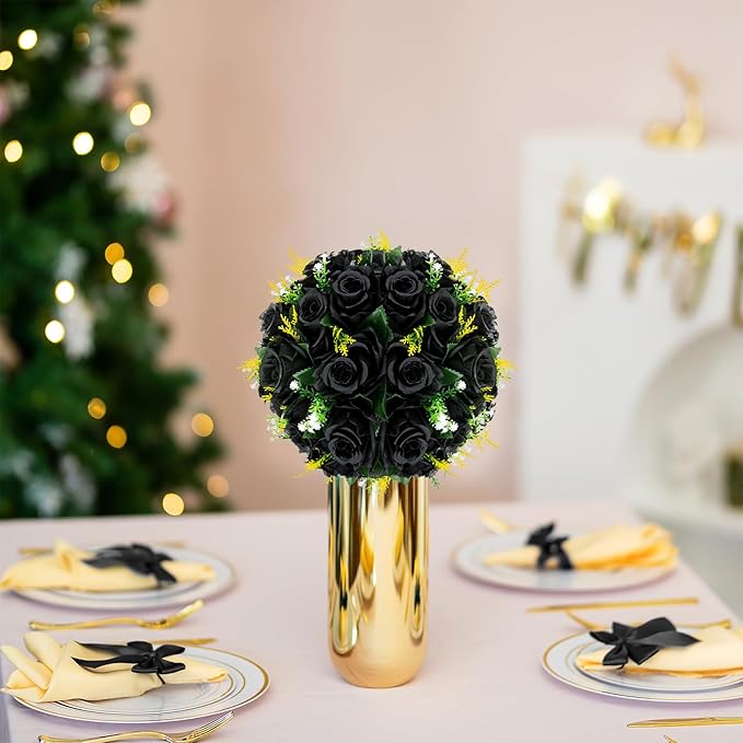 BLOSMON Flower Balls Wedding Rose Centerpieces 6 Pcs Black Fake Flowers Kissing Balls Decor Artificial Floral Arrangements Flower Bouquet of Roses Home Party Room Table DIY Decorations