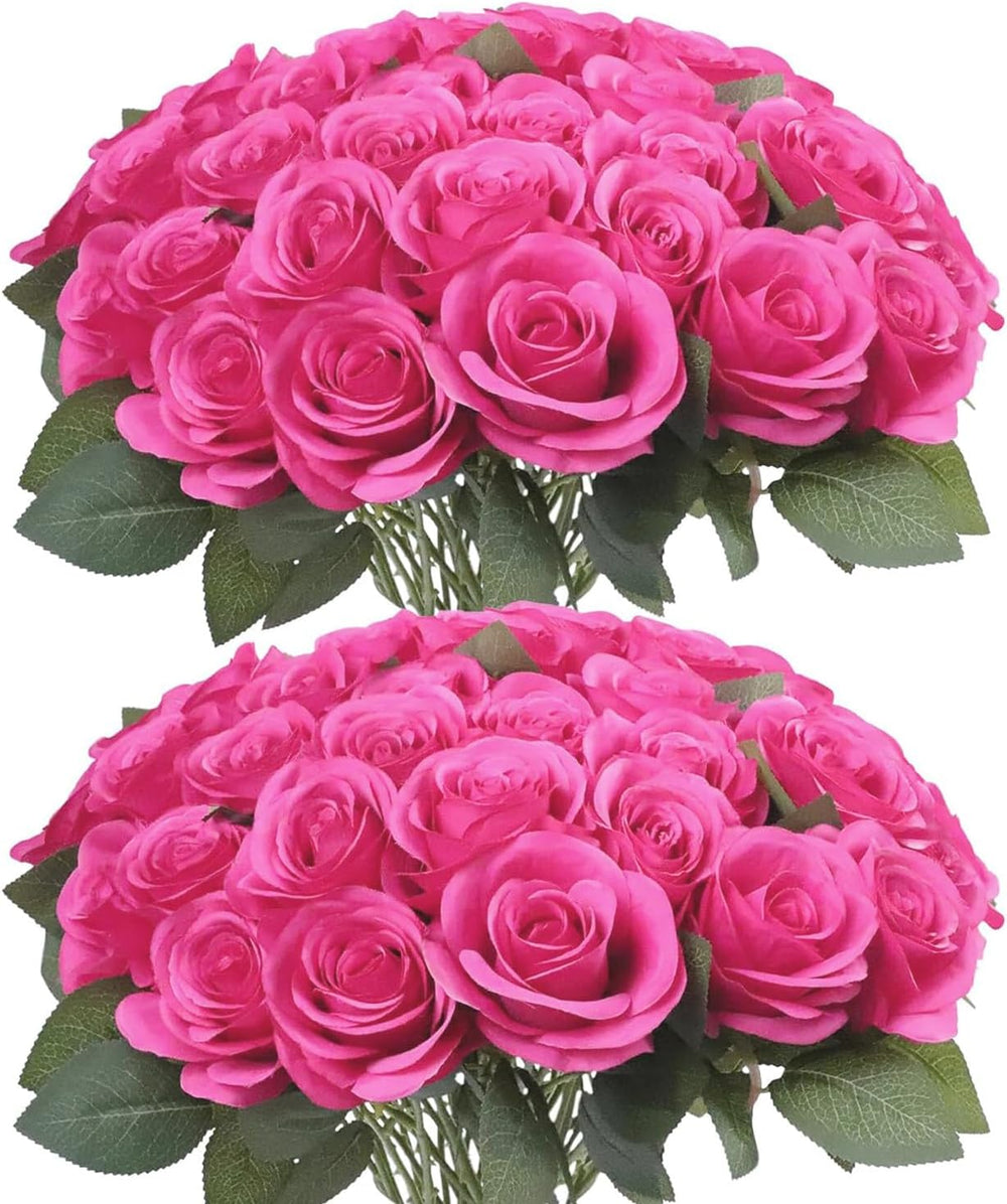 52pcs Hot Pink Roses Artificial Flowers Fake Flowers Silk Roses with Stems fo...