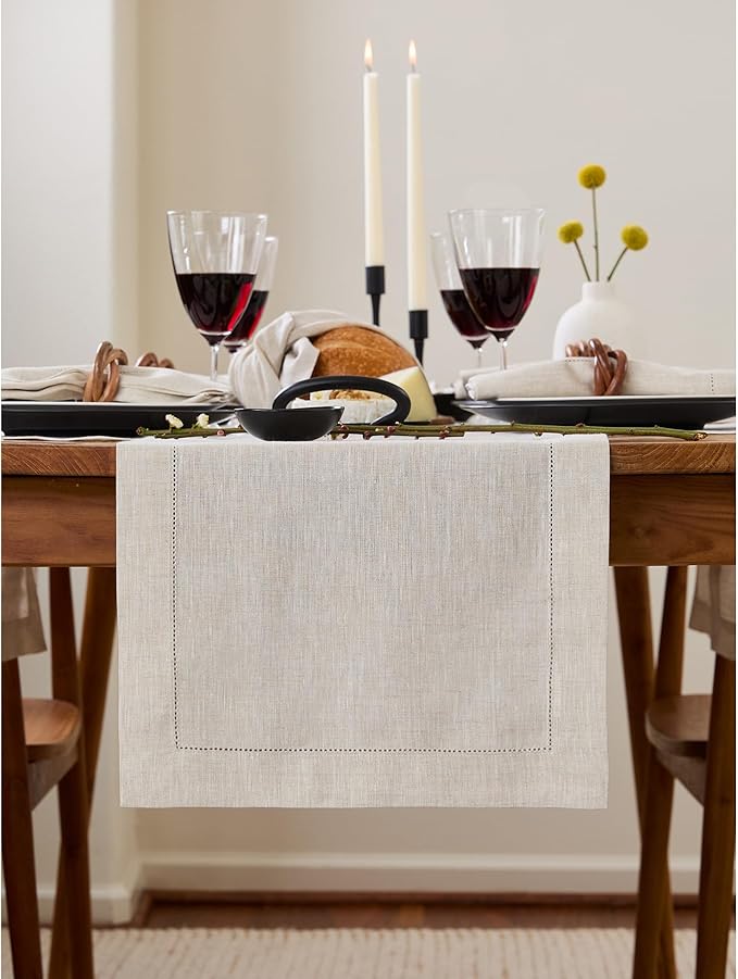 Solino Home Linen Hemstitch Table Runner 120 Inches Long - 100% Pure Linen Light Natural Table Runner 14 x 120 Inch for Fall, Autumn, Thanksgiving - Classic Hemstitch