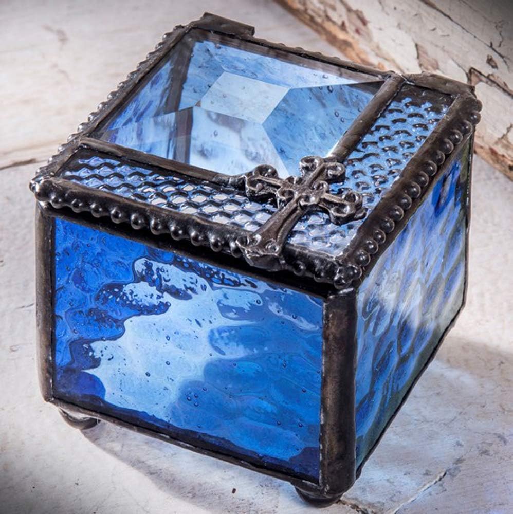 J Devlin Blue Glass Cross Keepsake Box, Rosary and Jewelry Storage