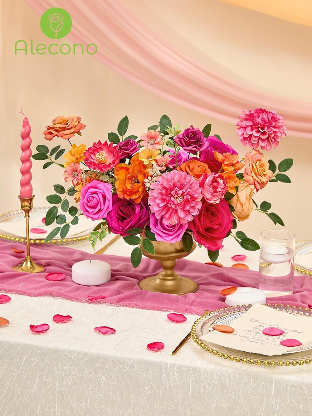Alecono Orange and Hot Pink Artificial Flowers, Silk Fake Floral Set