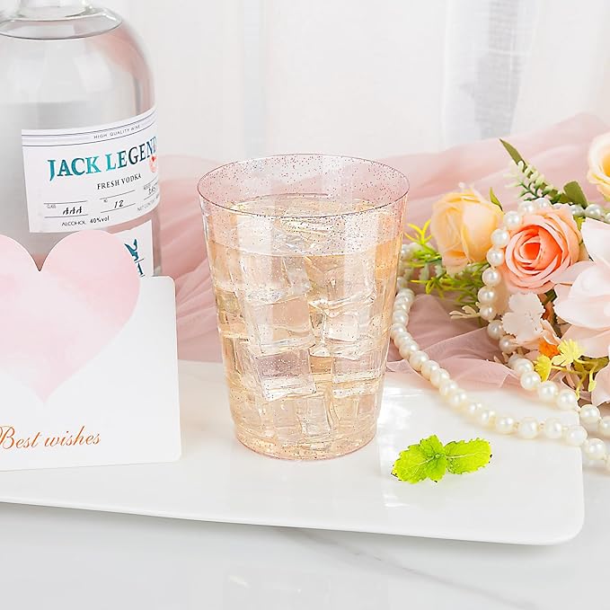 DaYammi 100 Pack 10oz Pink Plastic Cups, Premium Disposable Rose Gold Glitter Plastic Cups for Martini and Cocktail, Hard Clear Disposable Cup with Pink Glitter Perfect for Fancy Wedding Party