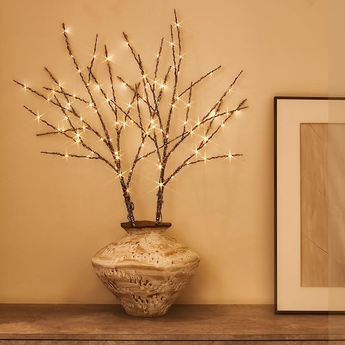 Fudios Lighted Branches with Ice Timer 100 LED 32IN, Artificial Tree Branch with Lights for Home Bedroom Fireplace Mantle Christmas Holiday Decoration