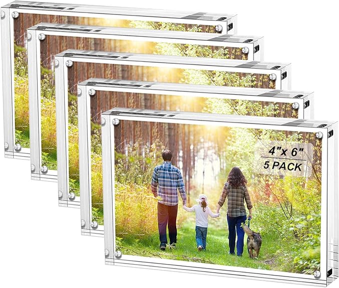 Boxalls 4x6 Inches Acrylic Picture Frames- 5 Pack, Desktop Frameless Photo Frames with Magnetic, Double Sided Transparent (5 Pack)