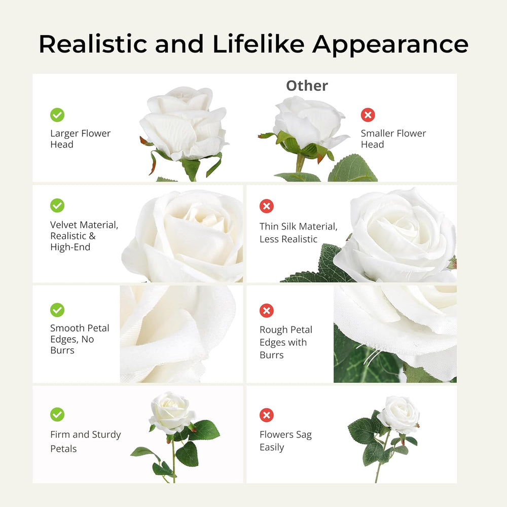 Auihiay 60PCS White Roses Artificial Flowers, Fake Roses, Velvet Silk