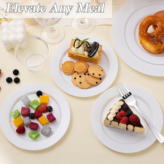 200PCS White Plastic Plates Set, 100 10.25 inch Dinner Plate and 100 7.5 inch Dessert Plates, Premium Disposable Plates for Party, Wedding