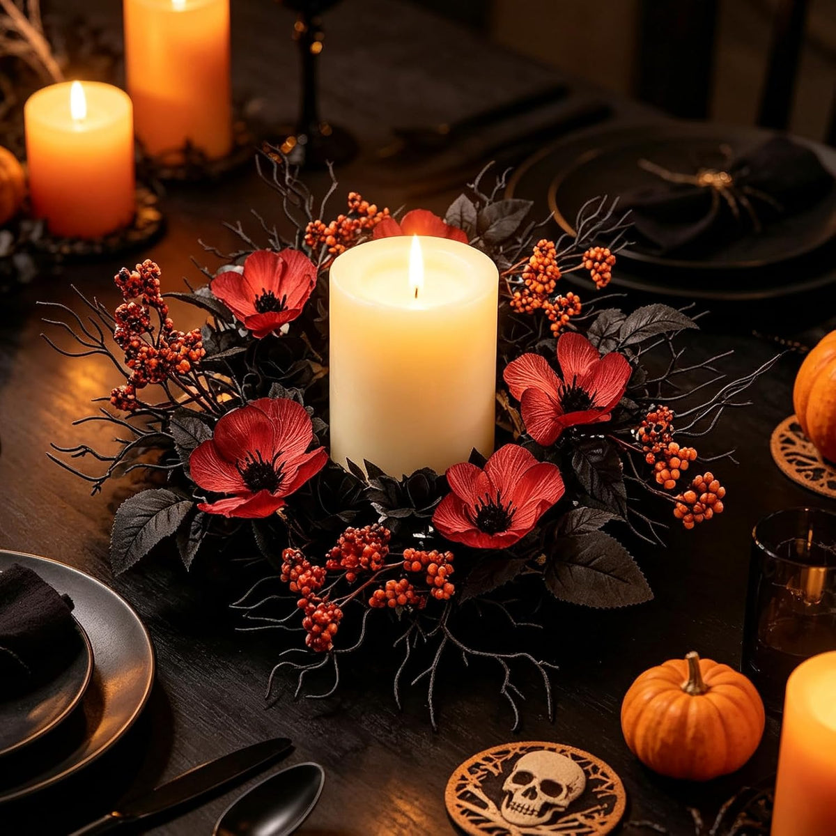tempus halloween wreath set, 18 inch, black rose, side view